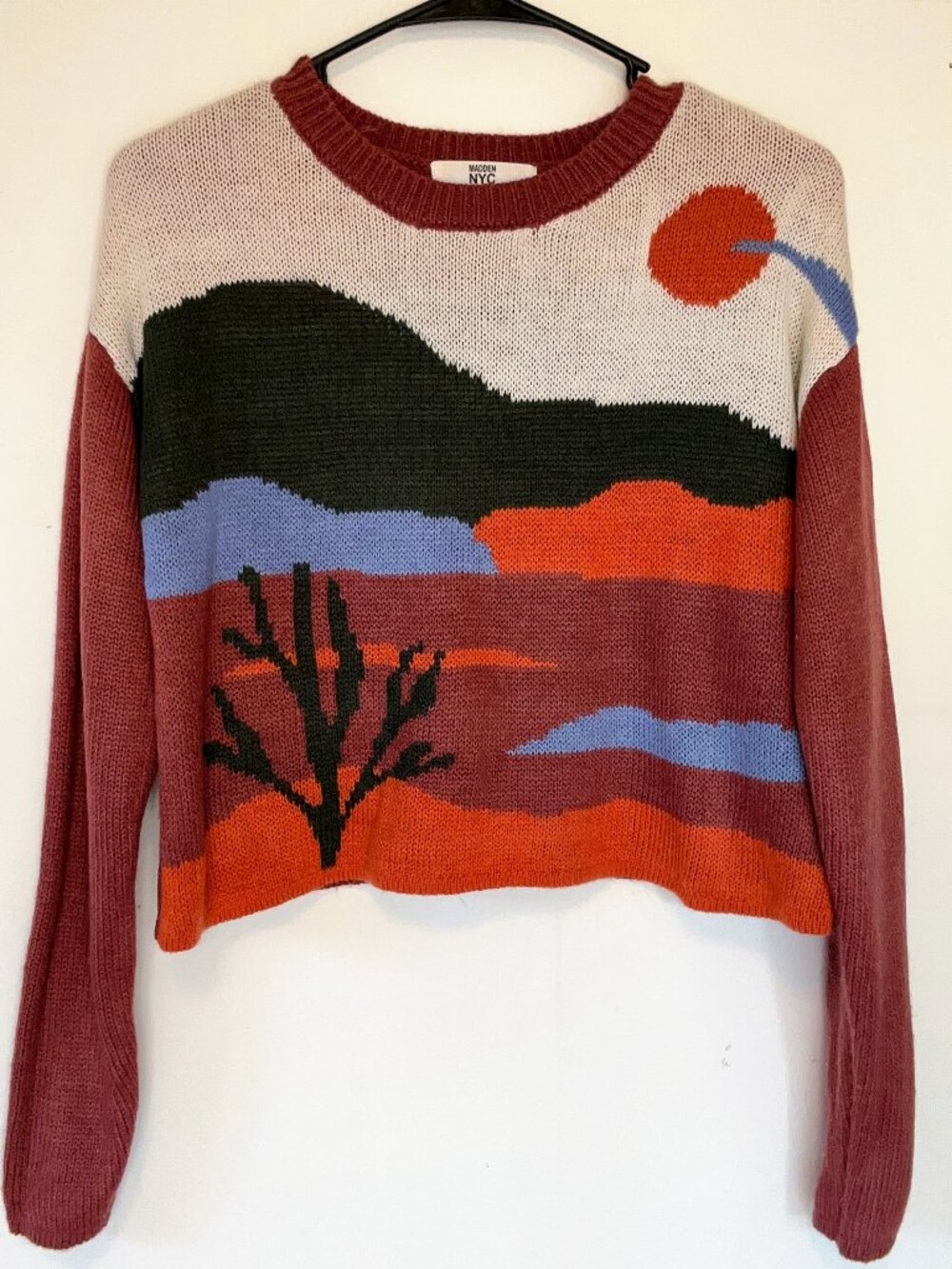 Madden NYC Desert Landscape Cropped Knit Pullover Sweater